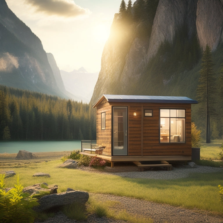 A serene off-grid cabin surrounded by lush greenery, featuring a sleek solar-powered refrigerator on a rustic wooden porch, with sunlight glinting off solar panels and a picturesque mountain backdrop.