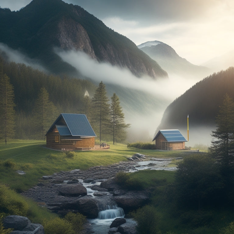 A serene, misty mountain landscape with a single, modern off-grid cabin in the center, surrounded by lush greenery, featuring solar panels, a wind turbine, and a small, sparkling waterfall.