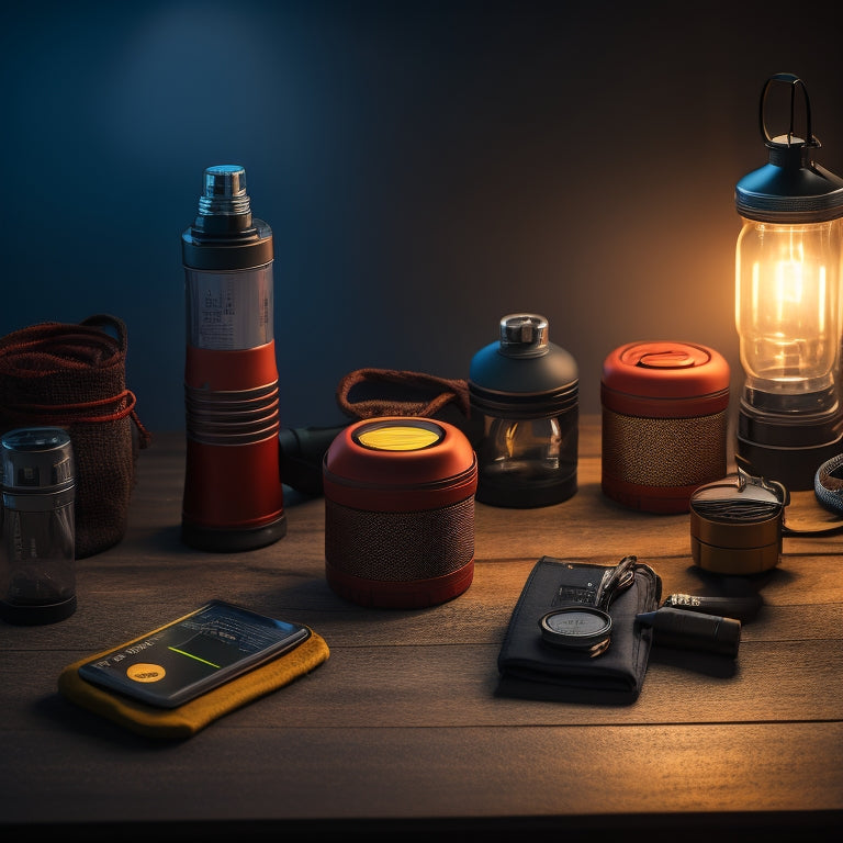 A collection of sleek solar-powered flashlights on a rugged wooden table, illuminated by soft ambient light. Surrounding them are emergency essentials like a first-aid kit, water bottles, and a compass, set against a dark, stormy backdrop.