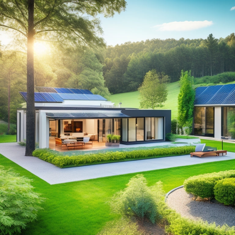 A serene, modern home surrounded by lush greenery, with a rooftop solar array, a wind turbine in the distance, and a sleek, compact battery storage system installed beside a garden bed.