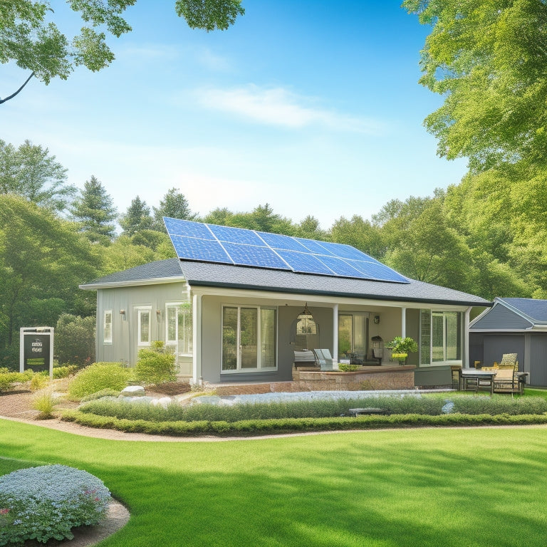 A serene suburban home with solar panels on the roof, a small wind turbine in the backyard, and a geothermal heat pump unit visible beside the house, surrounded by lush greenery.