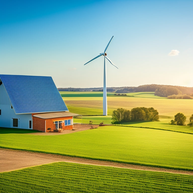 A serene rural landscape with a large farm building, solar panels covering the rooftop, and a wind turbine spinning in the distance, amidst lush green fields and a clear blue sky.