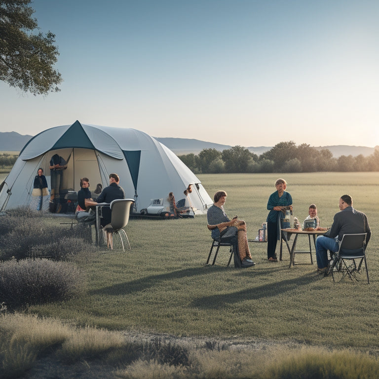 A futuristic outdoor scene with a sleek, compact portable power system in the foreground, surrounded by a bustling campsite, electric vehicles, and people enjoying outdoor activities.