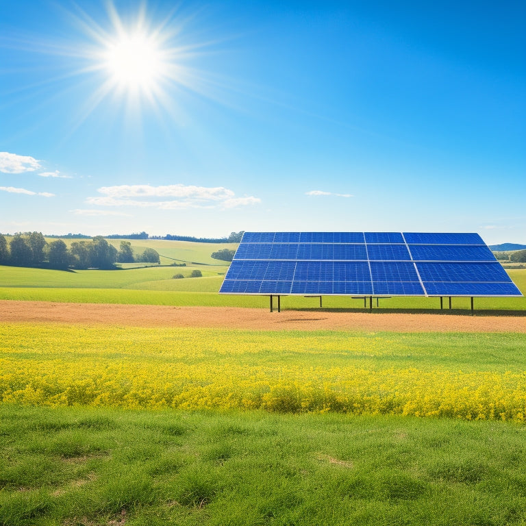 A serene rural landscape with a ground-mounted solar panel kit installed in a lush green field, surrounded by rolling hills and a clear blue sky with a few fluffy white clouds.