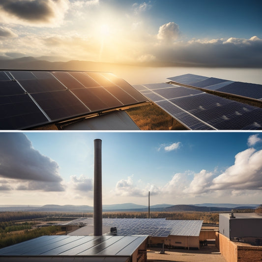 A split scene: on one side, a sunny rooftop with solar panels gleaming under bright sunlight, while on the other, a traditional power plant emitting smoke, surrounded by dark clouds, showcasing contrasting energy sources.