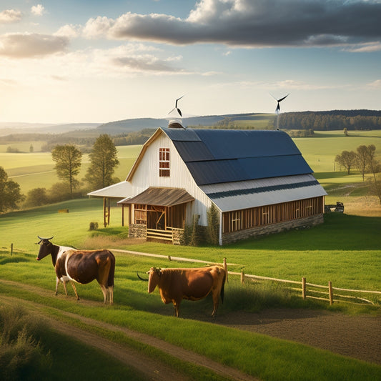 A serene rural landscape with a rustic barn, windmill, and rolling hills, featuring a solar panel array installed on the barn's roof, surrounded by lush greenery and a few grazing cattle.