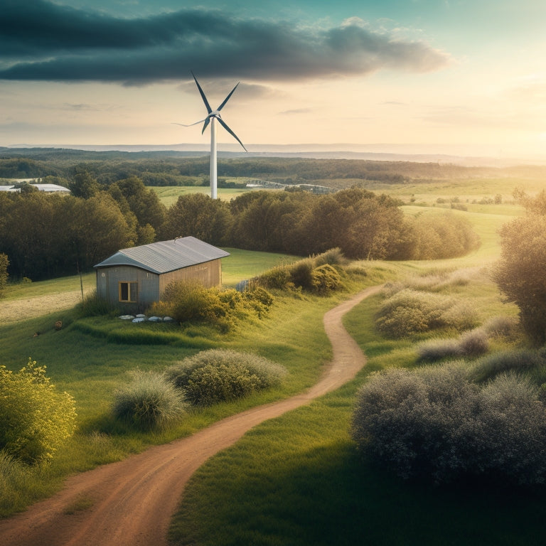 A serene landscape with a distant, fading cityscape on the horizon, surrounded by lush greenery and a winding dirt path leading to a secluded, off-grid eco-home with solar panels and a wind turbine.