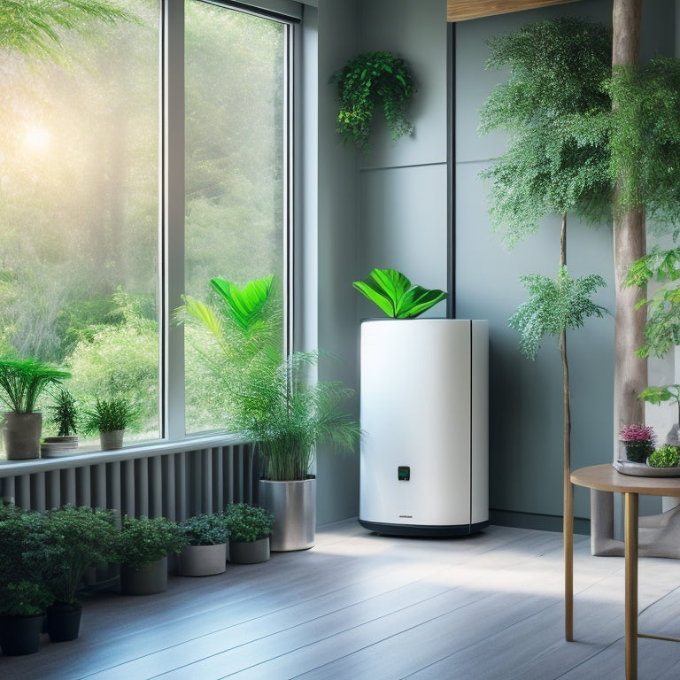 A serene, modern home interior with a sleek, compact energy storage unit in the corner, surrounded by lush greenery, with a subtle glow emanating from the unit, symbolizing efficiency and sustainability.