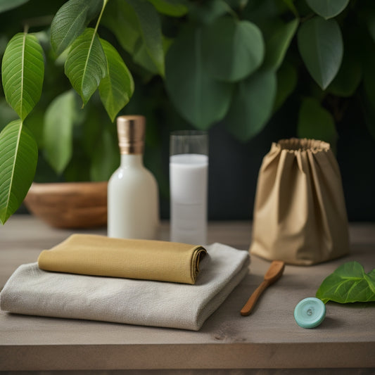 A serene, minimalist still life featuring a reusable water bottle, beeswax wraps, bamboo toothbrush, and cloth shopping bag, arranged artfully amidst lush greenery and a subtle, earthy background.