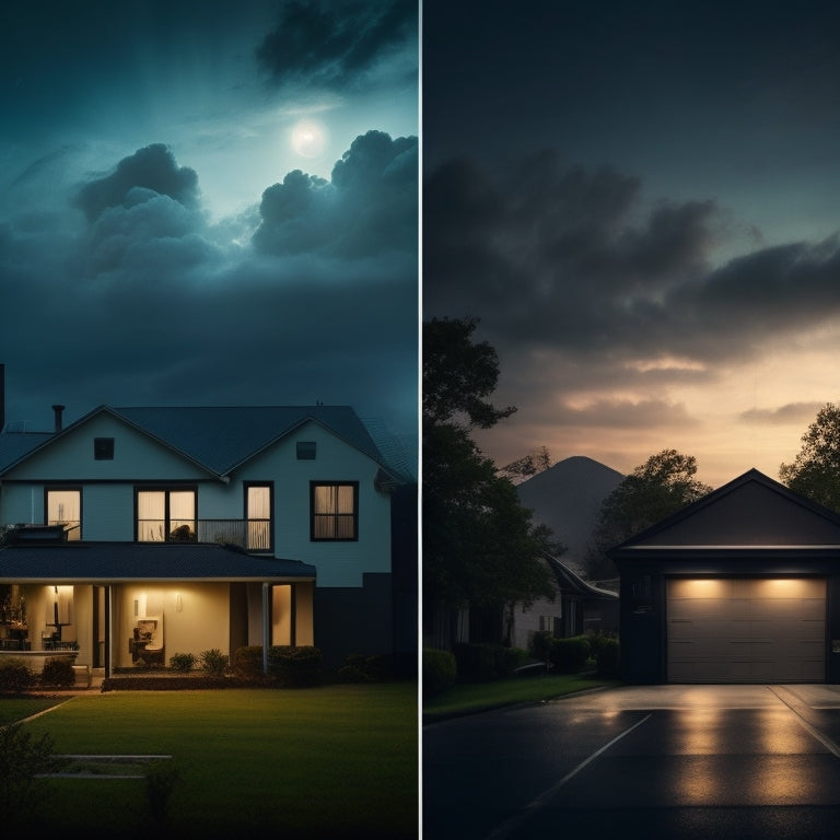 A split-screen image: a dark, stormy night with a powerless cityscape on one side, and a bright, lit home with solar panels and a sleek battery system on the other.