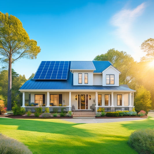 A serene suburban home with a pitched roof, adorned with 12 sleek solar panels, set against a clear blue sky with a few wispy clouds, surrounded by lush greenery.