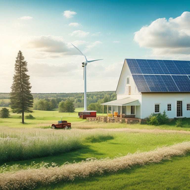 A serene rural landscape with a rustic farmhouse, wind turbines, and solar panels installed on the roof, surrounded by lush greenery and a bright blue sky with a few fluffy white clouds.