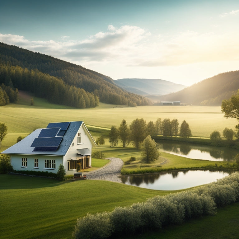 A serene rural landscape with a modern farmhouse, surrounded by solar panels, a wind turbine, and a small hydroelectric dam, with a lush green forest and rolling hills in the background.