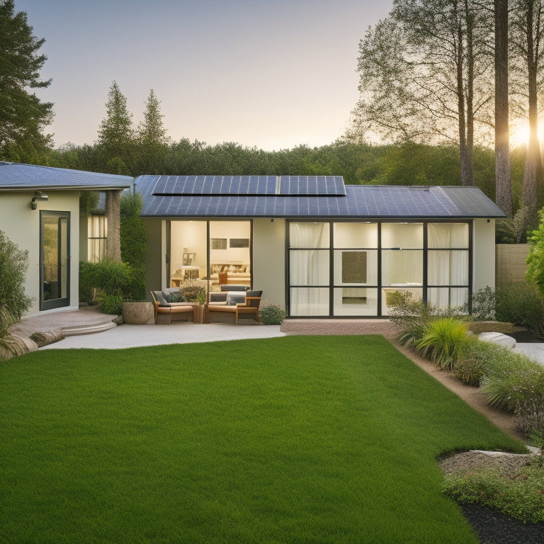 A serene, sunny backyard with a sleek solar panel array on the roof, connected to a modern, wall-mounted battery storage system, surrounded by lush greenery and a few solar-powered outdoor lights.