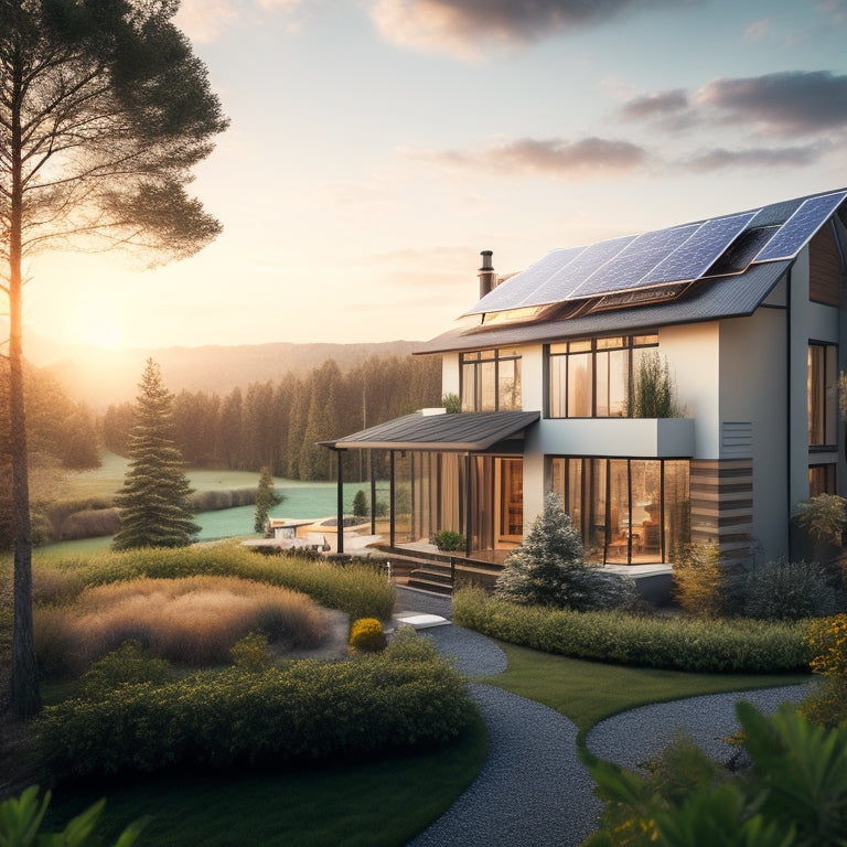 A serene, modern home surrounded by lush greenery, with solar panels on the roof and a wind turbine in the background, emitting a warm, golden light.