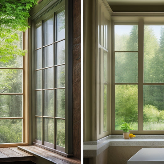 A side-by-side comparison of traditional windows and solar windows; one side shows a clear pane reflecting sunlight, the other side features a sleek, tinted solar panel window with sunlight being absorbed, surrounded by lush greenery.