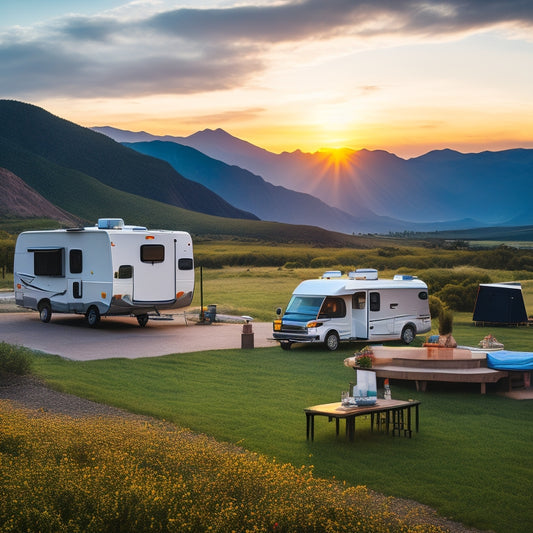 A serene RV campsite at sunset, with a refrigerator outdoors, surrounded by solar panels, battery packs, and a wind turbine, amidst lush greenery and a distant mountain range.