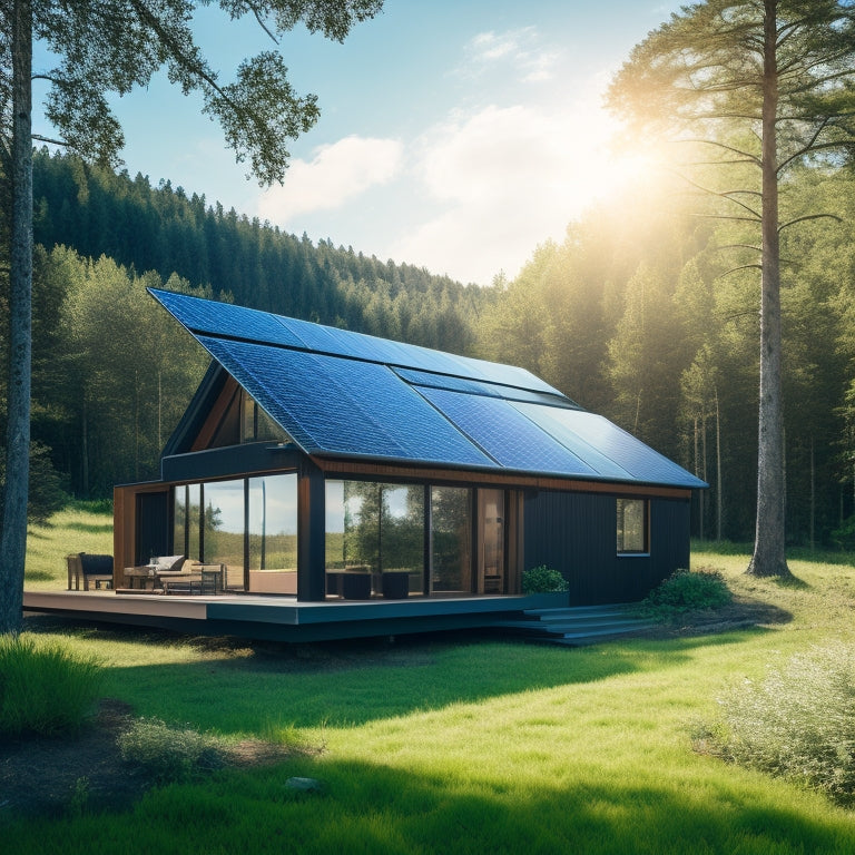A serene off-grid cabin surrounded by lush greenery, with a sloping roof covered in sleek black solar panels, angled to face the radiant sun, amidst a clear blue sky with a few wispy clouds.