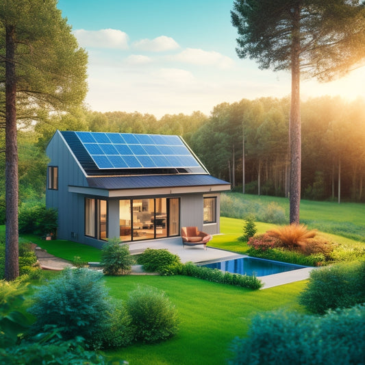 A serene, modern home surrounded by lush greenery, with solar panels on the roof, a wind turbine in the backyard, and a battery storage system visible through a large window.