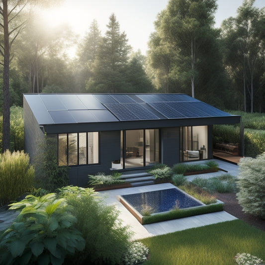 A serene backyard with a modern house, surrounded by lush greenery, featuring a sleek solar panel array on the roof, with a few panels tilted at an angle to maximize energy harvesting.