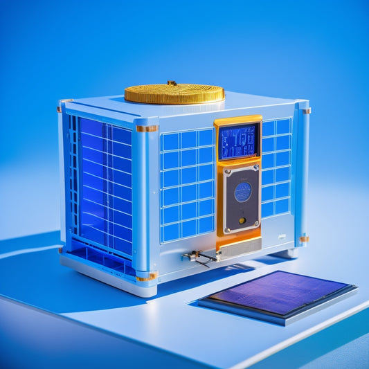 A futuristic, sleek inverter device with a built-in solar panel on top, surrounded by circuit boards, wires, and microchips, set against a bright blue background with subtle sun rays.