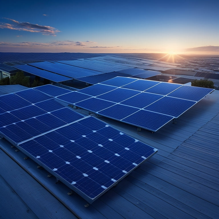 A photorealistic image of a rooftop solar panel array with sleek, black frames and silver mounting systems, connected to a shiny, modern inverter with glowing blue LED indicators.