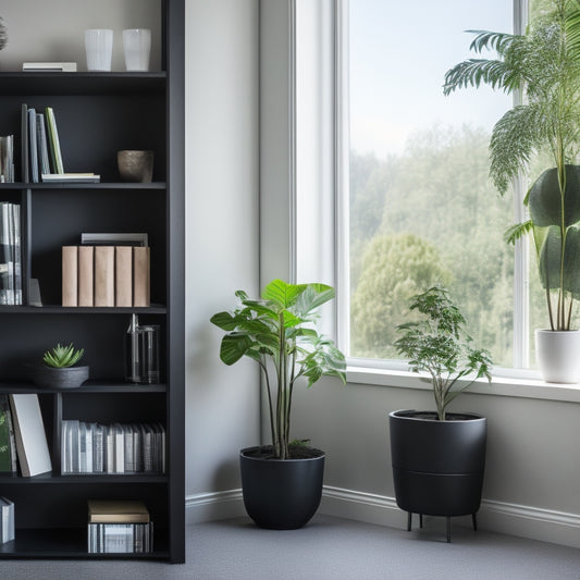 A modern, minimalist room with black laminate shelves mounted on a white wall, holding a few potted plants, a few books, and a small decorative vase, with natural light pouring in from a window.