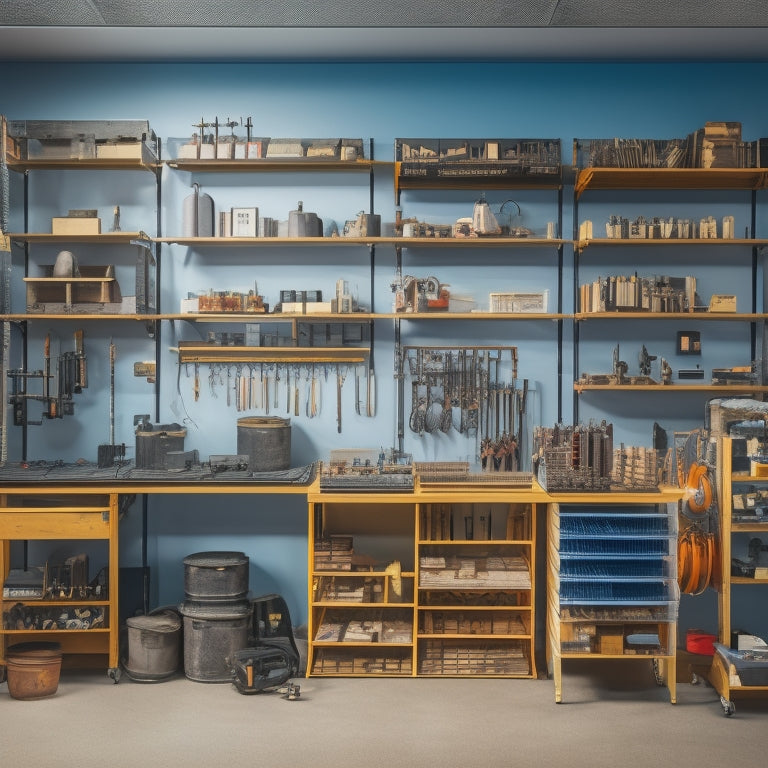 A neatly organized workshop with various types of mounting racks, including wall-mounted, floor-standing, and cantilevered racks, with tools and equipment neatly arranged on shelves and hooks.