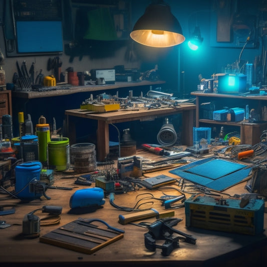 A cluttered workbench with various DIY tools and gadgets, surrounded by opened circuit boards, wires, and broken solar panels, with a faint blue glow emanating from a repaired energy converter in the center.