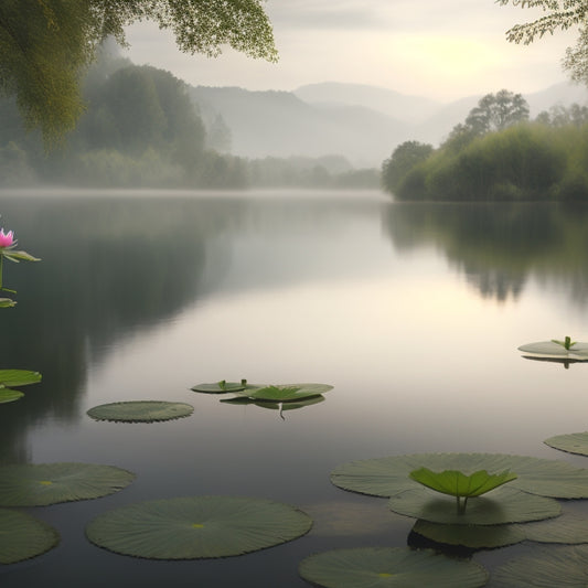 An illustration of a natural landscape with a serene lake, surrounded by lush greenery, with a subtle mist rising from the water's surface, and a few lotus flowers blooming.