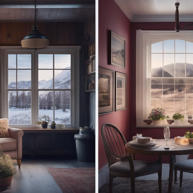 A split-screen illustration contrasting a cozy, well-insulated home with a warm glow, against a drafty, energy-wasting home with cold air escaping through cracks and worn-out windows.