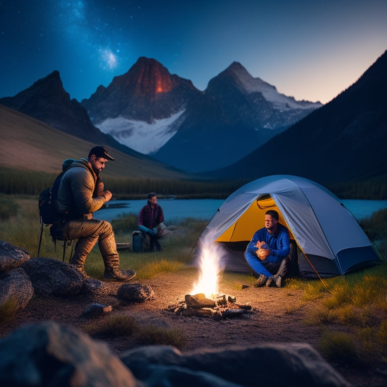 A rugged, outdoor scene featuring a 400wh power bank beside a tent, mountains in the background, a campfire glowing, and a starry night sky, illustrating adventure and portable power.