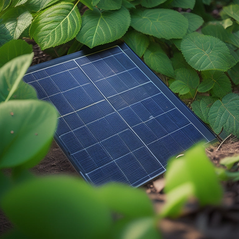 A close-up of a clean, modern solar panel with a subtle sparkle, surrounded by lush greenery, contrasted with a dirty, worn-out panel in the background, covered in leaves and dirt.