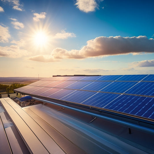A photorealistic image of a modern rooftop with sleek, black solar panels installed at a 30-degree angle, reflecting a clear blue sky with a few wispy clouds.