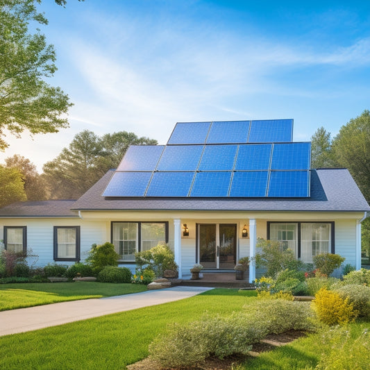 A serene suburban home with solar panels installed on the roof, surrounded by lush greenery and a bright blue sky with a few wispy clouds, conveying a sense of eco-friendliness and sustainability.