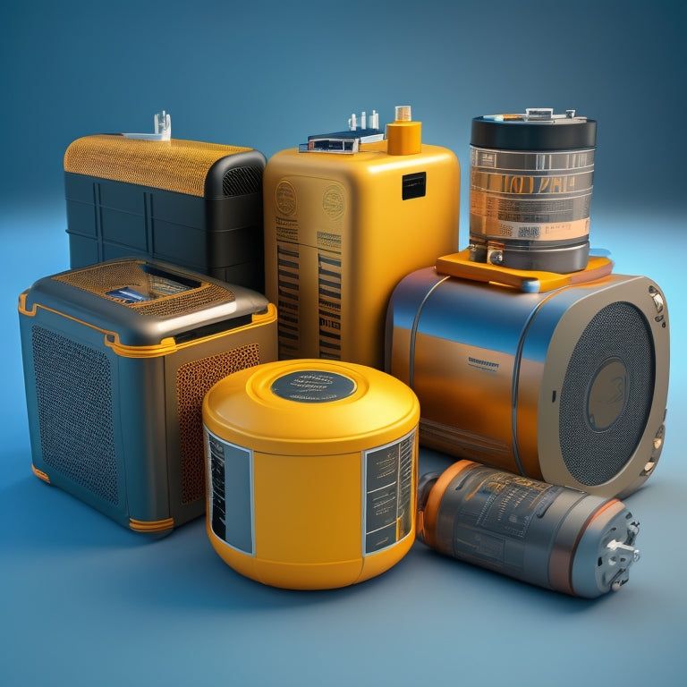 A stylized illustration of various portable power battery systems from different brands, arranged in a circular formation, with each system showcasing its unique design, size, and battery cells.