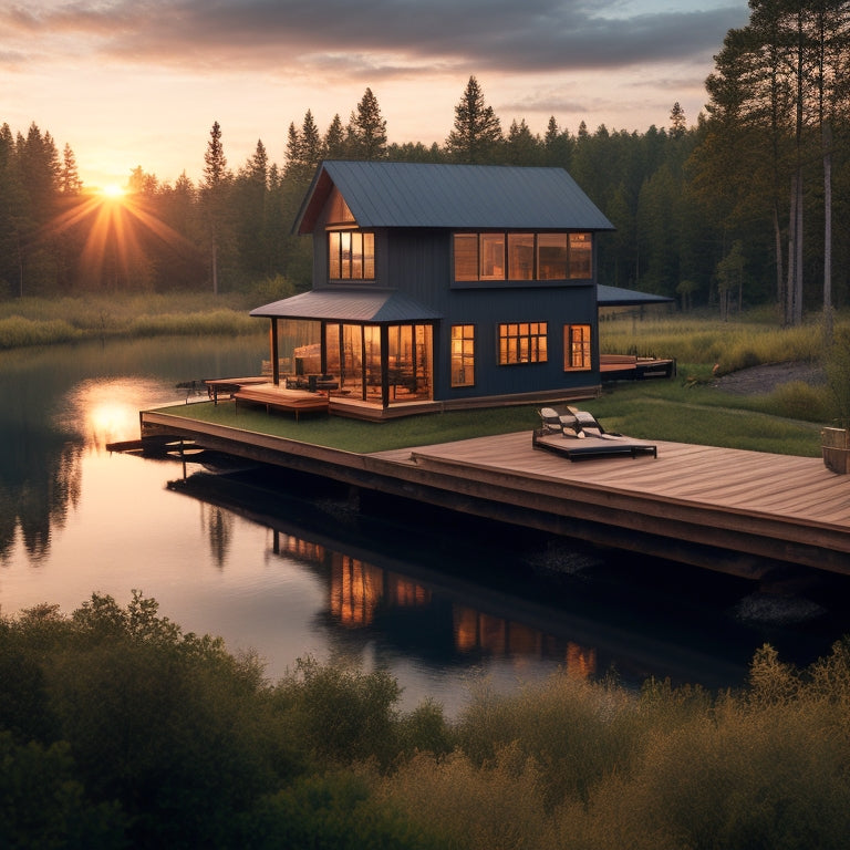 A serene off-grid cabin surrounded by lush greenery, with a sloping roof covered in sleek, black solar panels, and a rustic wooden deck overlooking a tranquil lake at sunset.