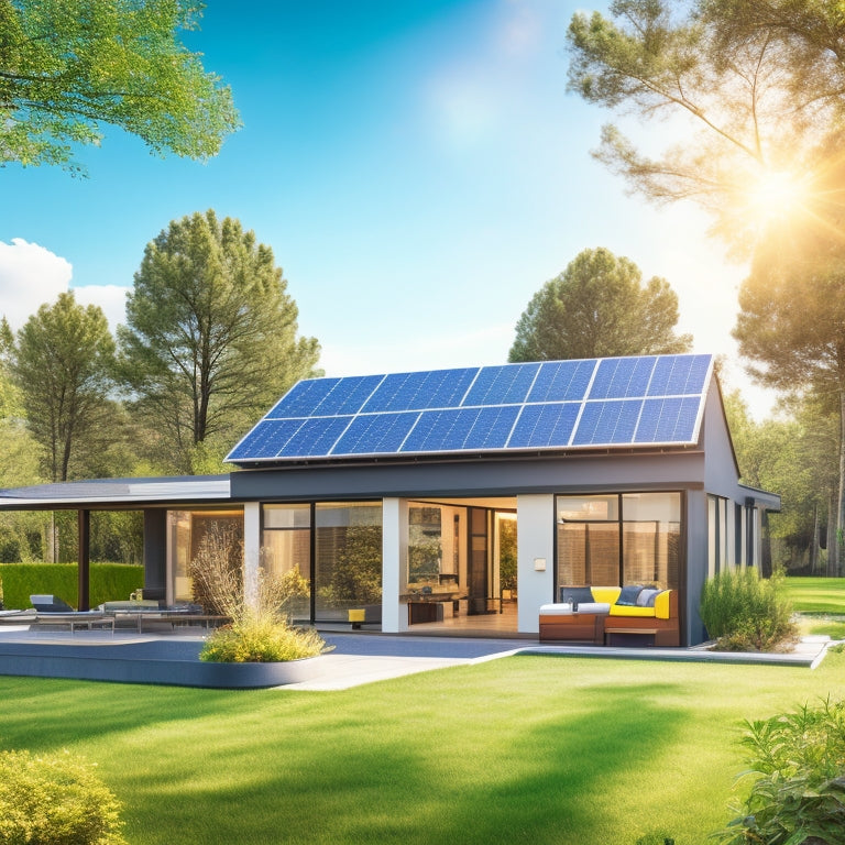 A sunny suburban home with a modern, sleek roof, covered in a grid of shiny, black solar panels, with a few solar tubes rising from the roof's edge, amidst lush green trees and a blue sky.