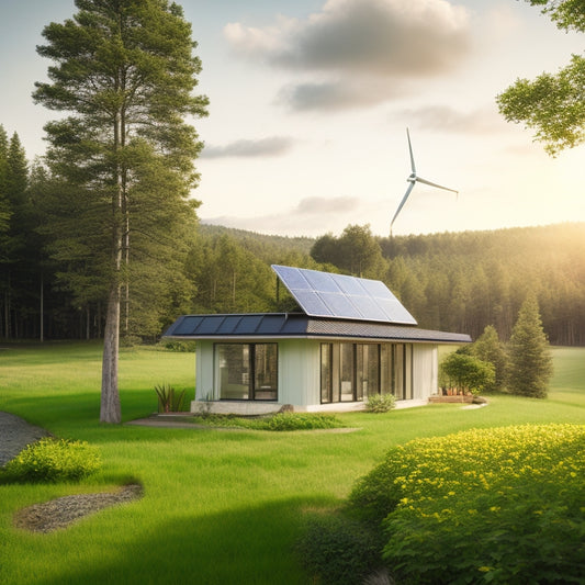 A serene off-grid house surrounded by lush greenery, with a sleek solar panel array on the roof, a battery bank in the background, and a wind turbine spinning gently in the distance.