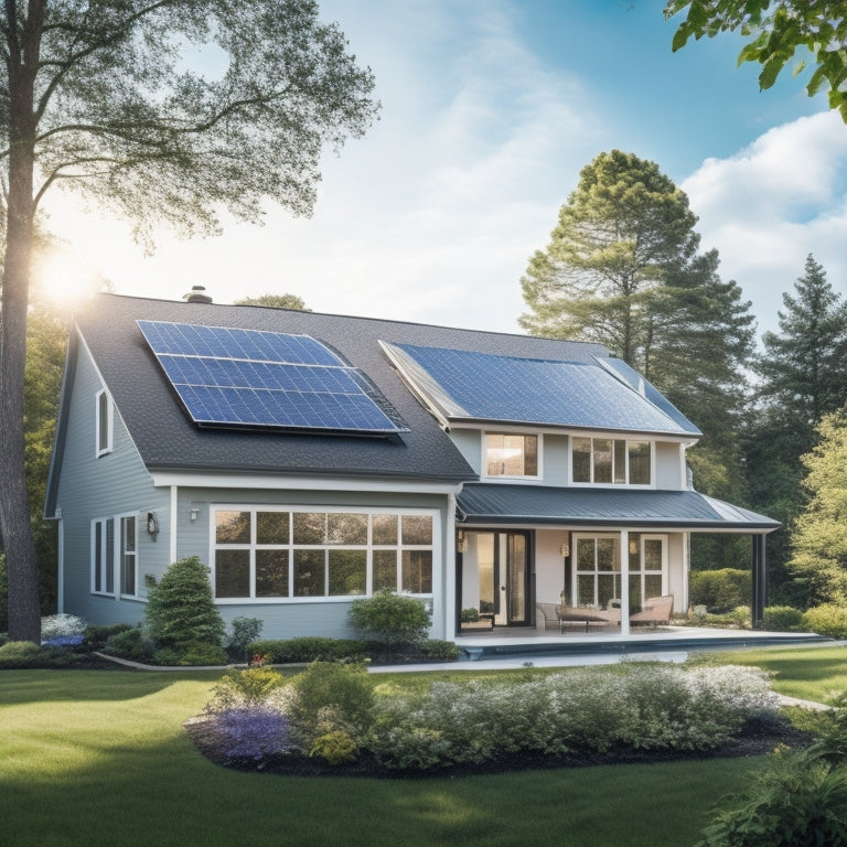 A serene suburban home with a sleek, black solar panel array on the roof, surrounded by lush green trees and a bright blue sky with a few wispy white clouds.