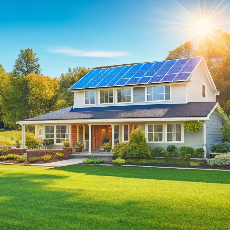 A serene suburban home with a mix of solar panels on the roof, a solar-powered water heater, and a compact solar array on the lawn, surrounded by lush greenery and a bright blue sky.