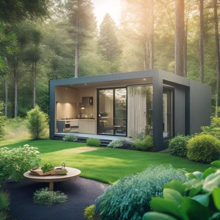 A compact, modern home with large windows, solar panels, and a living wall, surrounded by lush greenery, with a minimalist interior featuring a Murphy bed and a space-saving kitchen.