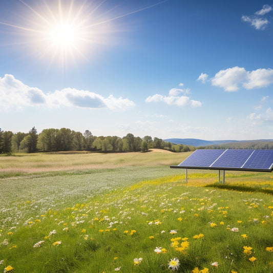 A serene rural landscape with a small, modern solar panel array (5-7 panels) on a green grassy slope, surrounded by blooming wildflowers, under a clear blue sky with a few wispy clouds.