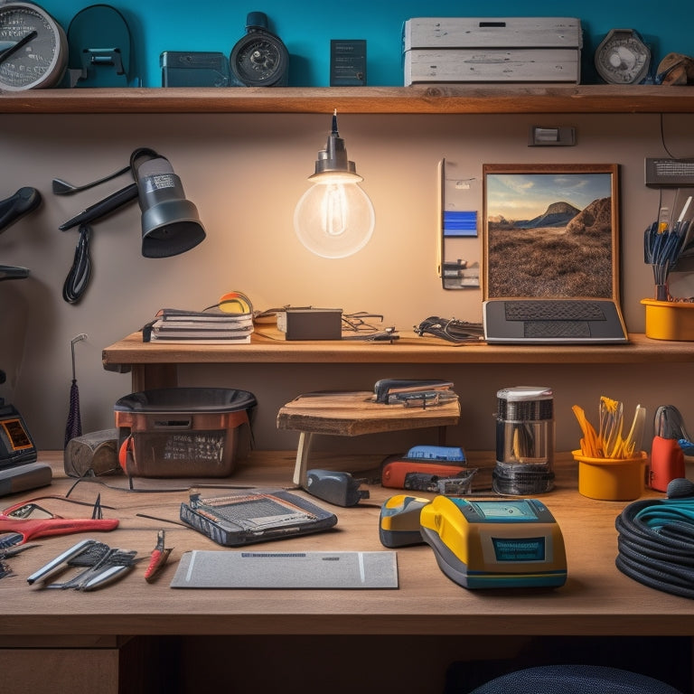 A clutter-free, well-lit workspace with a solar panel propped against a wall, surrounded by essential maintenance tools: a multimeter, wire cutters, screwdrivers, and a soft-bristled brush.