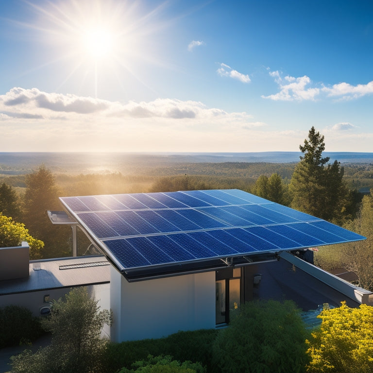 A sleek all-in-one solar power system mounted on a modern rooftop, sunlight reflecting off its panels, surrounded by lush greenery, with energy-efficient appliances and a vibrant blue sky in the background.