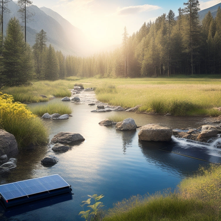An illustration of a serene landscape with a solar panel in the foreground, connected to a water purification system, surrounded by lush greenery and a sparkling clean water stream flowing into the distance.