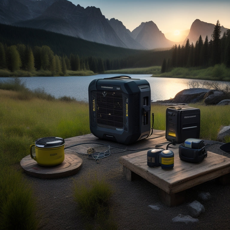 A rugged portable power station surrounded by diverse outdoor settings: mountains, forests, and a campsite at dusk, with glowing devices charging, showcasing robust design, solar panels, and a serene, dependable atmosphere.
