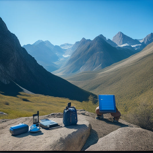 A serene outdoor scene with a hiker in the distance, surrounded by mountains and a bright blue sky, with three portable solar chargers of varying sizes and designs laid out on a rock in the foreground.