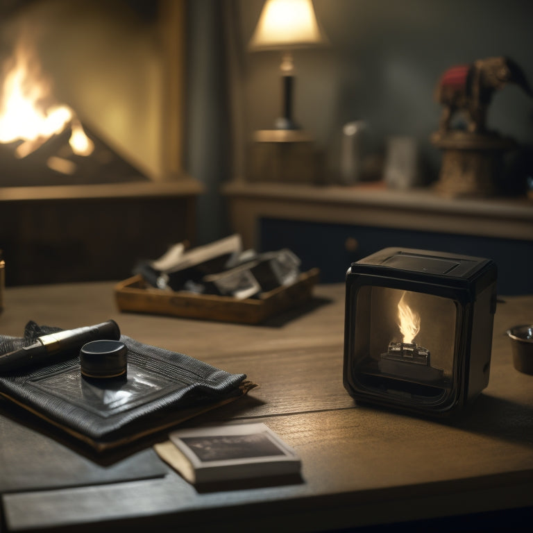 An image of a smoke-filled room with a damaged lithium-ion battery on a charred nightstand, surrounded by burned debris, with a faint outline of a family photo in the background.