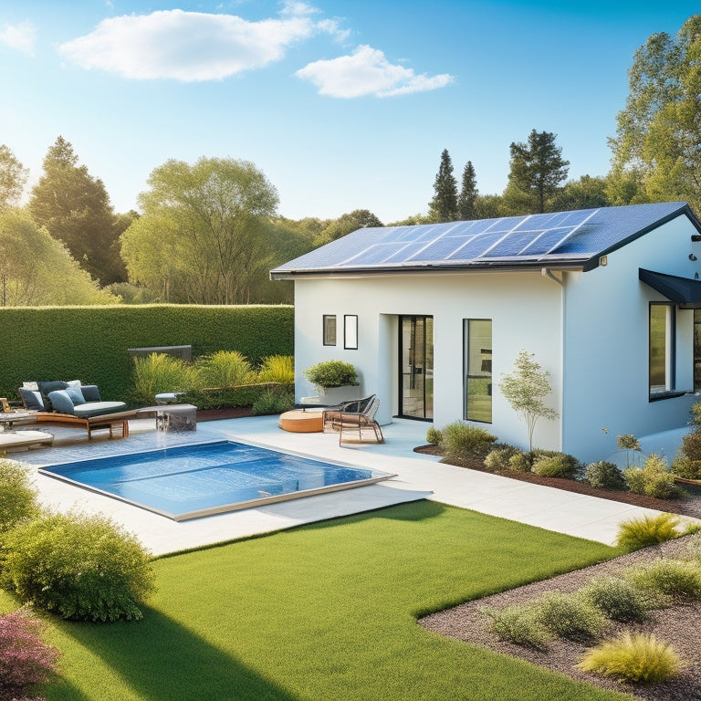 A serene backyard with a sleek, modern home, rooftop solar panels, and a few energy-efficient gadgets, surrounded by lush greenery and a sunny blue sky with a few fluffy white clouds.